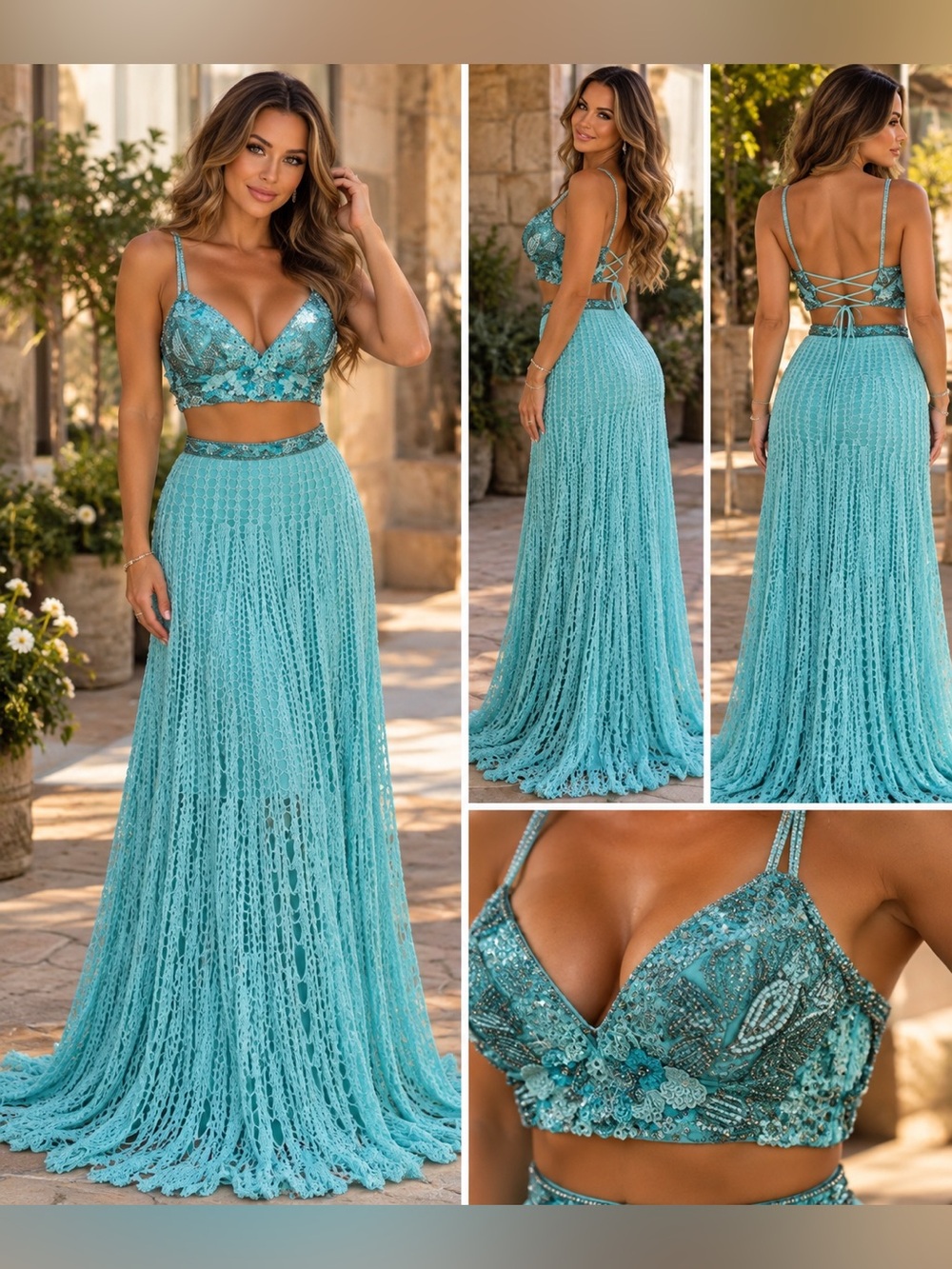 Sherri Hill Aqua Crochet Lace Maxi Dress